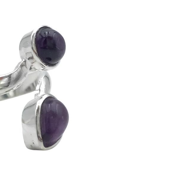 ANELLO DESIGN MINIMAL DOPPIA PIETRA GOCCIA E TONDA AMETISTA CABOCHON  REGOLABILE ARGENTO 925