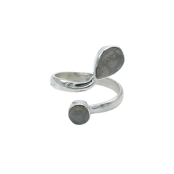 ANELLO DESIGN MINIMAL DOPPIA PIETRA GOCCIA E TONDA LABRADORITE CABOCHON  REGOLABILE ARGENTO 925