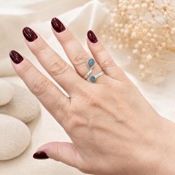 ANELLO DESIGN MINIMAL DOPPIA PIETRA GOCCIA E TONDA LABRADORITE CABOCHON  REGOLABILE ARGENTO 925