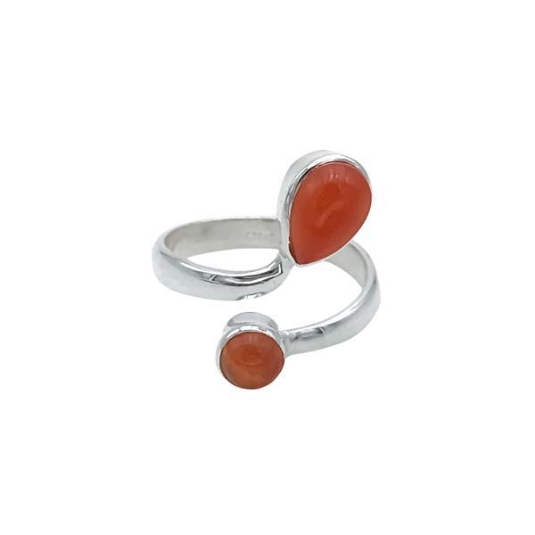 ANELLO DESIGN MINIMAL DOPPIA PIETRA GOCCIA E TONDA CORNIOLA CABOCHON  REGOLABILE ARGENTO 925