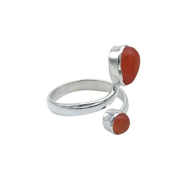 ANELLO DESIGN MINIMAL DOPPIA PIETRA GOCCIA E TONDA CORNIOLA CABOCHON  REGOLABILE ARGENTO 925