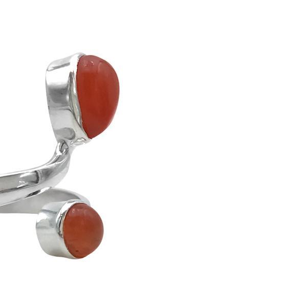 ANELLO DESIGN MINIMAL DOPPIA PIETRA GOCCIA E TONDA CORNIOLA CABOCHON  REGOLABILE ARGENTO 925