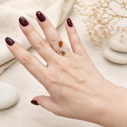 ANELLO DESIGN MINIMAL DOPPIA PIETRA GOCCIA E TONDA CORNIOLA CABOCHON  REGOLABILE ARGENTO 925