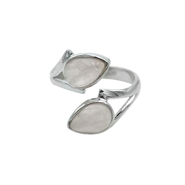 ANELLO DESIGN MINIMAL DOPPIA PIETRA GOCCIA QUARZO ROSA CABOCHON  REGOLABILE ARGENTO 925