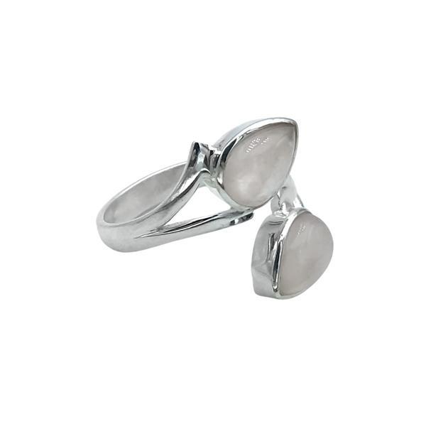 ANELLO DESIGN MINIMAL DOPPIA PIETRA GOCCIA QUARZO ROSA CABOCHON  REGOLABILE ARGENTO 925