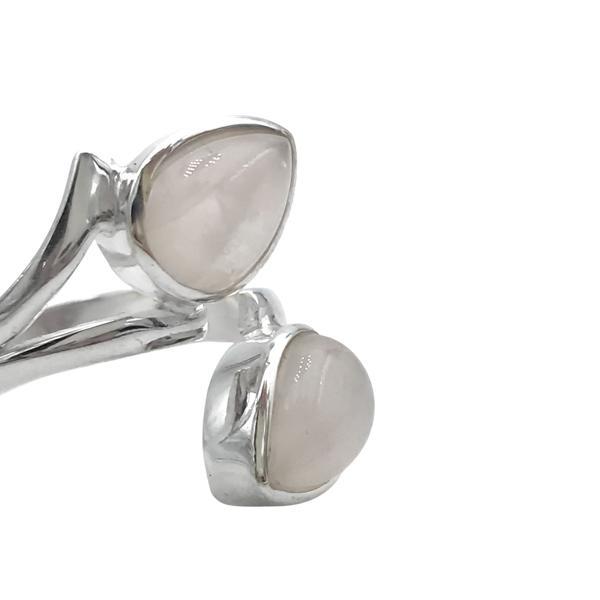 ANELLO DESIGN MINIMAL DOPPIA PIETRA GOCCIA QUARZO ROSA CABOCHON  REGOLABILE ARGENTO 925