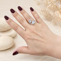 ANELLO DESIGN MINIMAL DOPPIA PIETRA GOCCIA ADULARIA CABOCHON  REGOLABILE ARGENTO 925