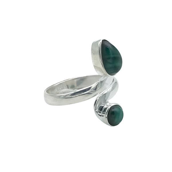 ANELLO DESIGN MINIMAL DOPPIA PIETRA GOCCIA TONDO MALACHITE CABOCHON  REGOLABILE ARGENTO 925