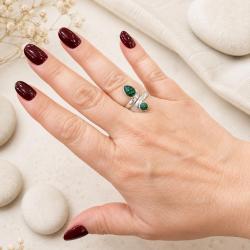 ANELLO DESIGN MINIMAL DOPPIA PIETRA GOCCIA TONDO MALACHITE CABOCHON  REGOLABILE ARGENTO 925