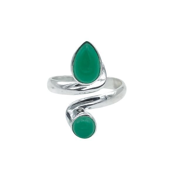 ANELLO DESIGN MINIMAL DOPPIA PIETRA GOCCIA TONDO AGATA VERDE CABOCHON  REGOLABILE ARGENTO 925