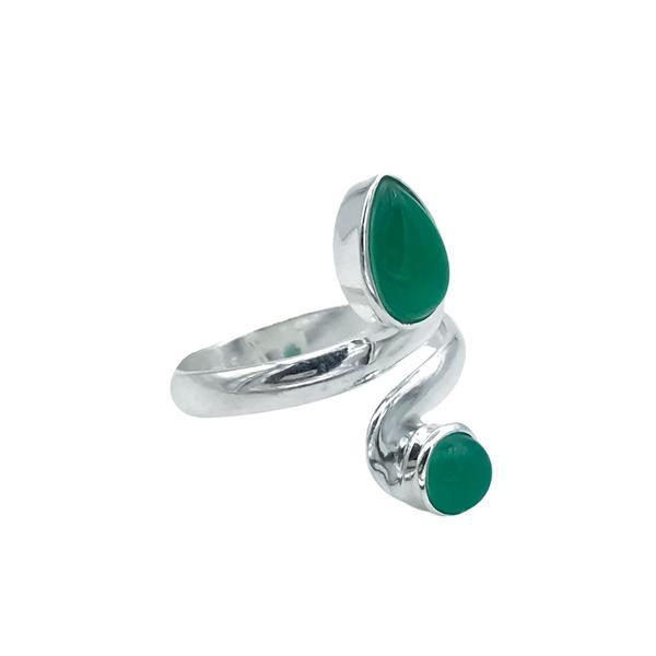 ANELLO DESIGN MINIMAL DOPPIA PIETRA GOCCIA TONDO AGATA VERDE CABOCHON  REGOLABILE ARGENTO 925