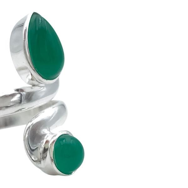 ANELLO DESIGN MINIMAL DOPPIA PIETRA GOCCIA TONDO AGATA VERDE CABOCHON  REGOLABILE ARGENTO 925