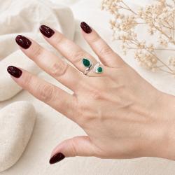 ANELLO DESIGN MINIMAL DOPPIA PIETRA GOCCIA TONDO AGATA VERDE CABOCHON  REGOLABILE ARGENTO 925