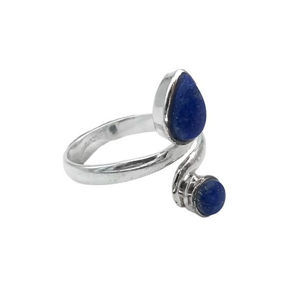 ANELLO DESIGN MINIMAL DOPPIA PIETRA GOCCIA TONDO LAPISLAZZULI CABOCHON  REGOLABILE ARGENTO 925