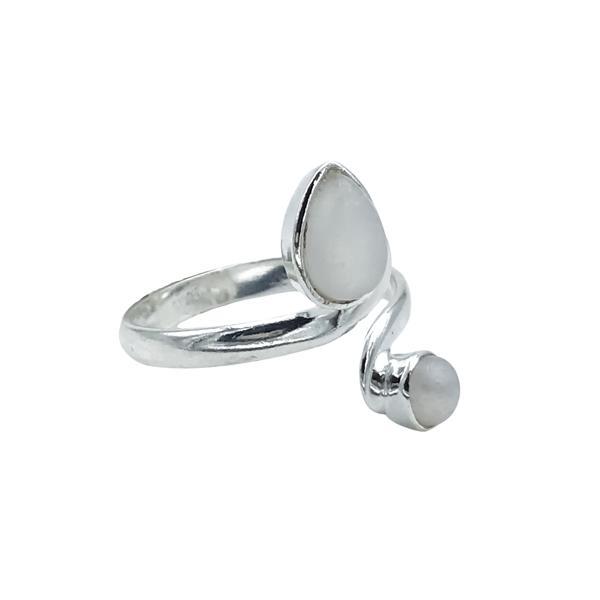 ANELLO DESIGN MINIMAL DOPPIA PIETRA GOCCIA TONDO ADULARIA CABOCHON  REGOLABILE ARGENTO 925