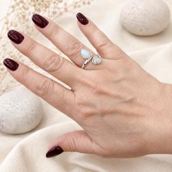 ANELLO DESIGN MINIMAL DOPPIA PIETRA GOCCIA TONDO ADULARIA CABOCHON  REGOLABILE ARGENTO 925