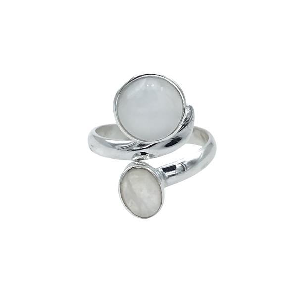 ANELLO DESIGN MINIMAL DOPPIA PIETRA TONDO OVALE ADULARIA CABOCHON  REGOLABILE ARGENTO 925