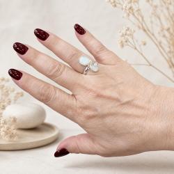 ANELLO DESIGN MINIMAL DOPPIA PIETRA TONDO OVALE ADULARIA CABOCHON  REGOLABILE ARGENTO 925