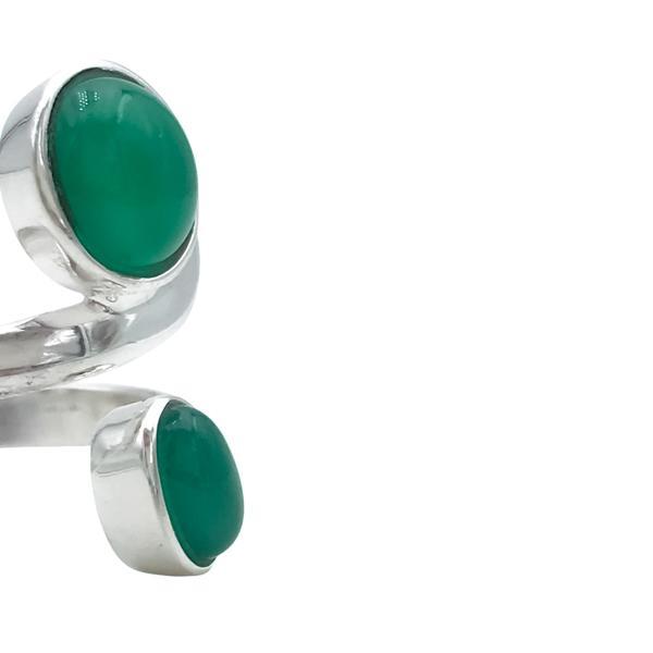 ANELLO DESIGN MINIMAL DOPPIA PIETRA TONDO OVALE AGATA VERDE CABOCHON  REGOLABILE ARGENTO 925