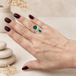 ANELLO DESIGN MINIMAL DOPPIA PIETRA TONDO OVALE AGATA VERDE CABOCHON  REGOLABILE ARGENTO 925