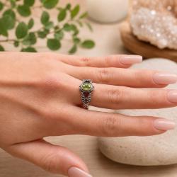 ANELLO MINIMAL FLOWER FOGLIE PIETRA OVALE BRIOLETTE PERIDOTO ARGENTO 925 