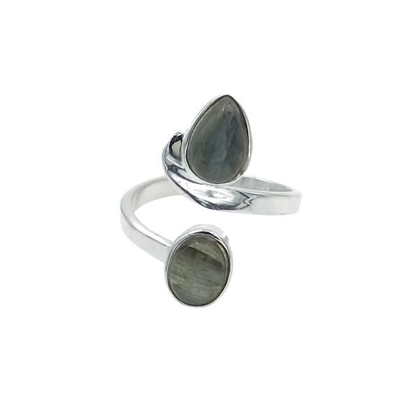 ANELLO DESIGN MINIMAL DOPPIA PIETRA GOCCIA E OVALE LABRADORITE CABOCHON  REGOLABILE ARGENTO 925