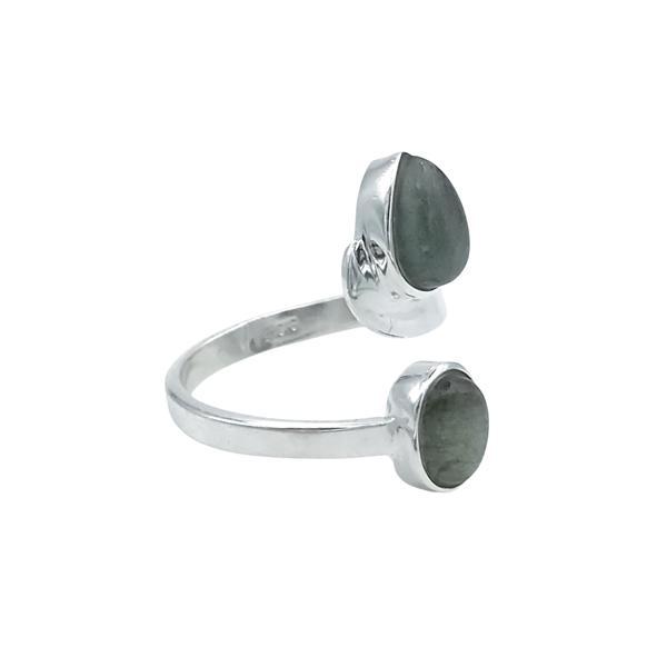 ANELLO DESIGN MINIMAL DOPPIA PIETRA GOCCIA E OVALE LABRADORITE CABOCHON  REGOLABILE ARGENTO 925