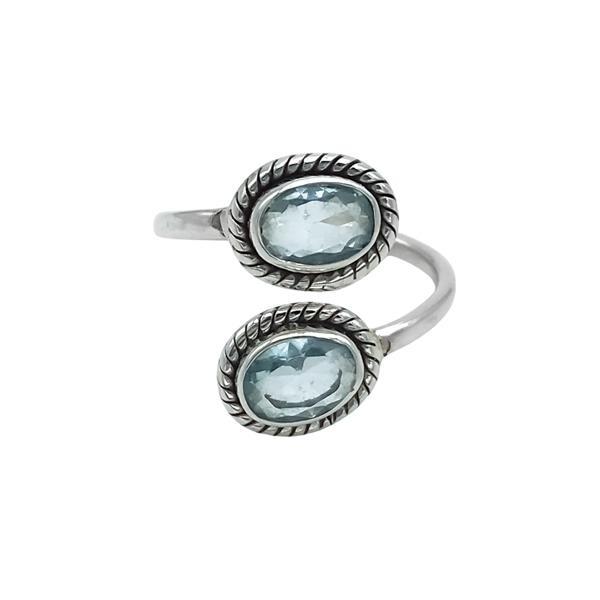 ANELLO DESIGN MINIMAL DOPPIA PIETRA OVALE BRIOLETTE ACQUAMARINA CORNICE LAVORATA REGOLABILE ARGENTO 925