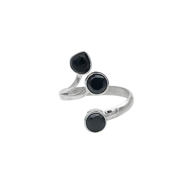 ANELLO DESIGN MINIMAL TRE PIETREE TONDE CABOCHON E BRIOLETTE OSSIDIANA  REGOLABILE ARGENTO 925