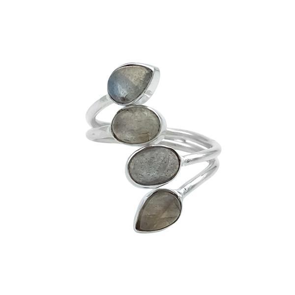 ANELLO DESIGN MINIMALQUATTRO PIETRE GOCCIA E OVALE CABOCHON LABRADORITE  REGOLABILE ARGENTO 925