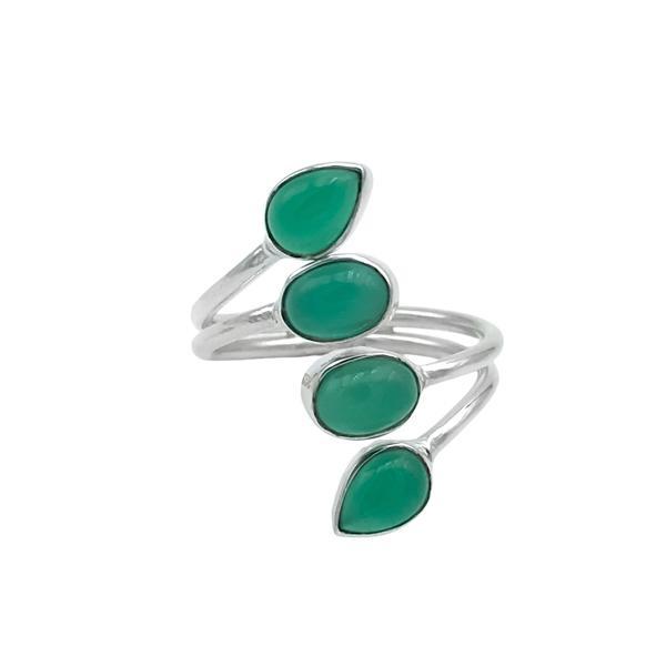 ANELLO DESIGN MINIMALQUATTRO PIETRE GOCCIA E OVALE CABOCHON AGATA VERDE REGOLABILE ARGENTO 925