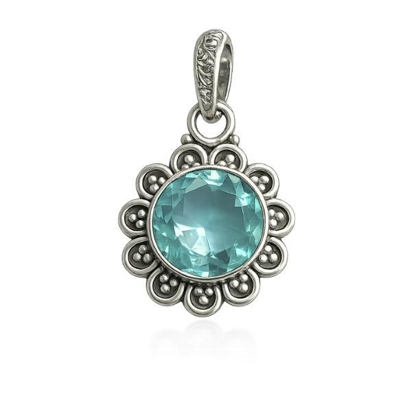 PENDENTE A FIORE TONDO CON PIETRA BRIOLETTE ACQUAMARINA E ARGENTO 925