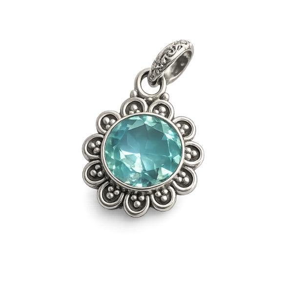 PENDENTE A FIORE TONDO CON PIETRA BRIOLETTE ACQUAMARINA E ARGENTO 925