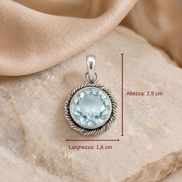 PENDENTE CORNICE FILO INTRECCIATO TONDO CON PIETRA BRIOLETTE ACQUAMARINA E ARGENTO 925