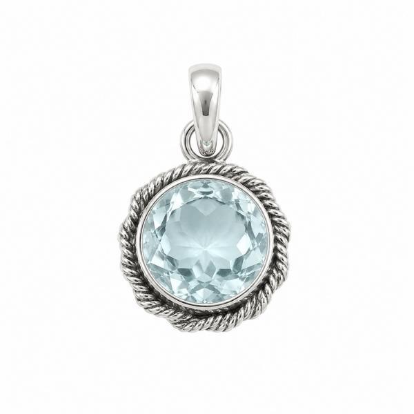 PENDENTE CORNICE FILO INTRECCIATO TONDO CON PIETRA BRIOLETTE ACQUAMARINA E ARGENTO 925