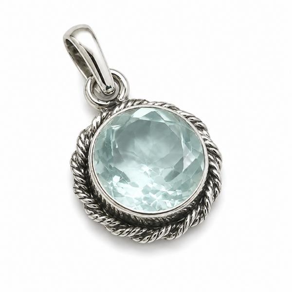 PENDENTE CORNICE FILO INTRECCIATO TONDO CON PIETRA BRIOLETTE ACQUAMARINA E ARGENTO 925