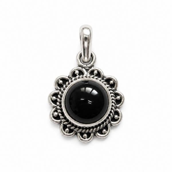 PENDENTE A FIORE TONDO CON PIETRA CABOCHON TORMALINA NERA E ARGENTO 925