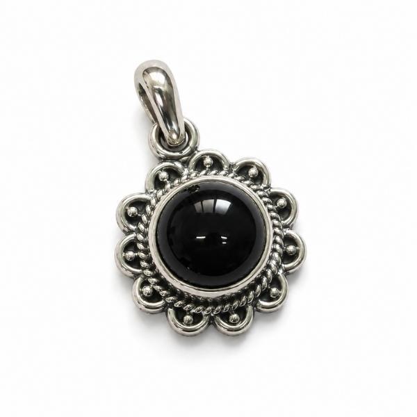 PENDENTE A FIORE TONDO CON PIETRA CABOCHON TORMALINA NERA E ARGENTO 925