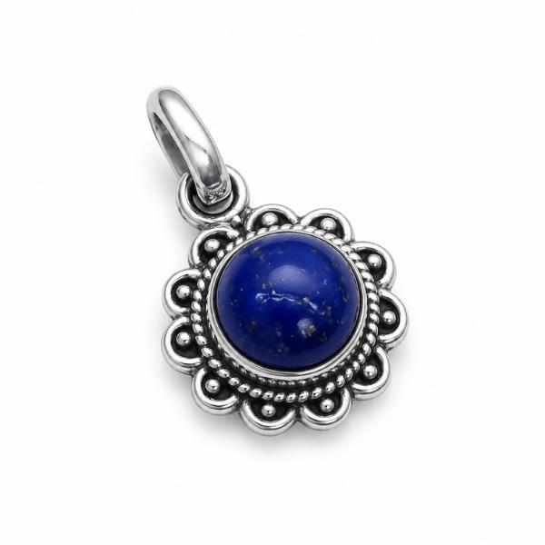 PENDENTE A FIORE TONDO CON PIETRA CABOCHON LAPISLAZZULI E ARGENTO 925