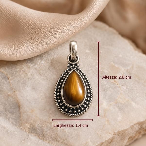 PENDENTE A GOCCIA PUNTINATA CON PIETRA CABOCHON OCCHIO DI TIGRE E ARGENTO 925
