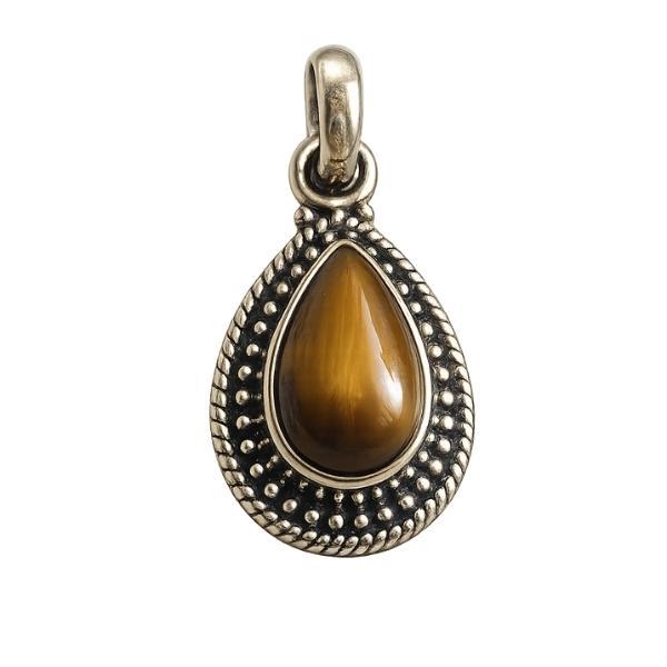 PENDENTE A GOCCIA PUNTINATA CON PIETRA CABOCHON OCCHIO DI TIGRE E ARGENTO 925