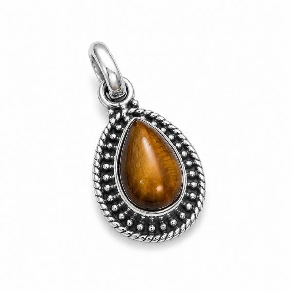 PENDENTE A GOCCIA PUNTINATA CON PIETRA CABOCHON OCCHIO DI TIGRE E ARGENTO 925