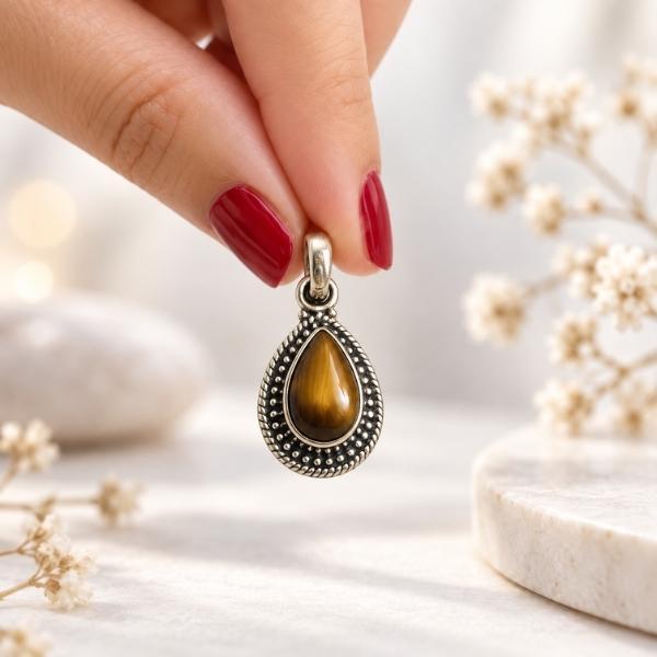 PENDENTE A GOCCIA PUNTINATA CON PIETRA CABOCHON OCCHIO DI TIGRE E ARGENTO 925