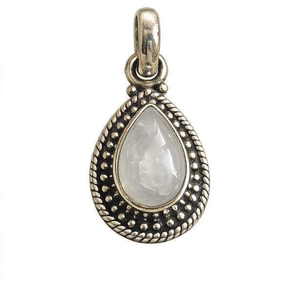 PENDENTE A GOCCIA PUNTINATA CON PIETRA CABOCHON ADULARIA E ARGENTO 925