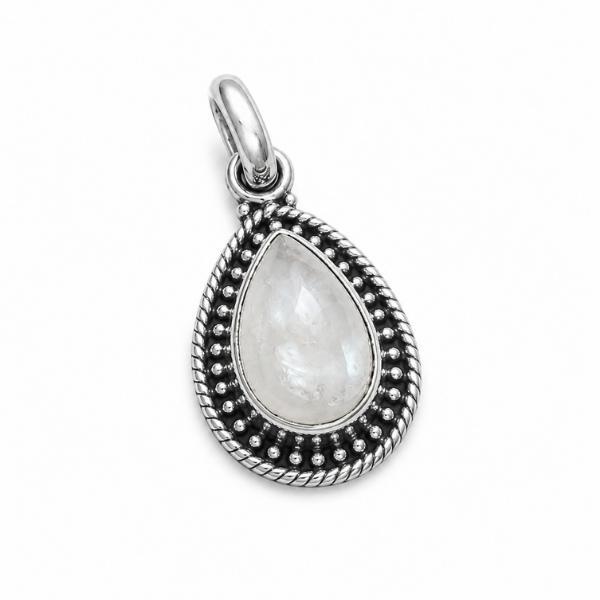 PENDENTE A GOCCIA PUNTINATA CON PIETRA CABOCHON ADULARIA E ARGENTO 925