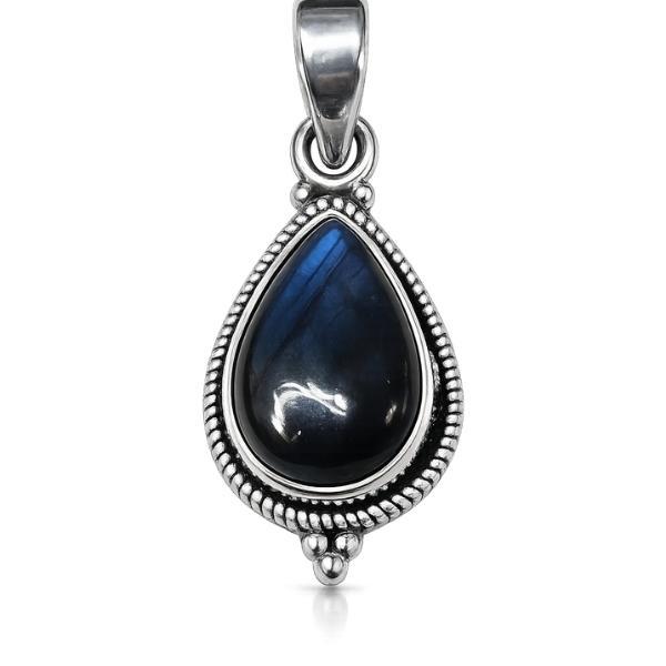 PENDENTE A GOCCIA LAVORATA CON PIETRA CABOCHON LABRADORITE E ARGENTO 925