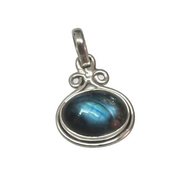 PENDENTE OVALE ORIZZONTALE A FILO LISCIA CON PIETRA CABOCHON LABRADORITE E ARGENTO 925