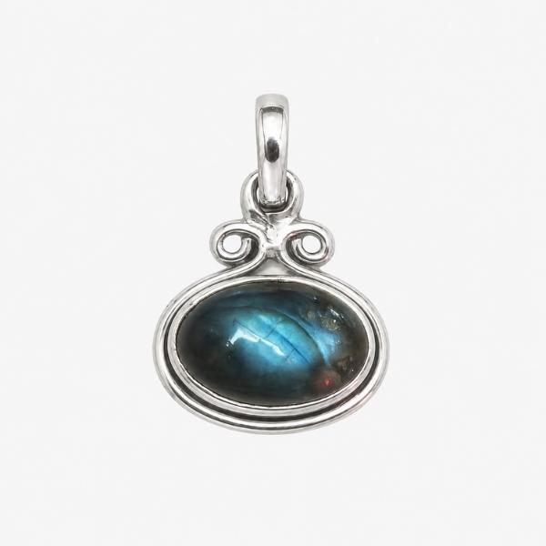 PENDENTE OVALE ORIZZONTALE A FILO LISCIA CON PIETRA CABOCHON LABRADORITE E ARGENTO 925
