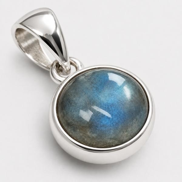 PENDENTE MINIMAL TONDO PIETRA CABOCHON LABRADORITE E ARGENTO 925