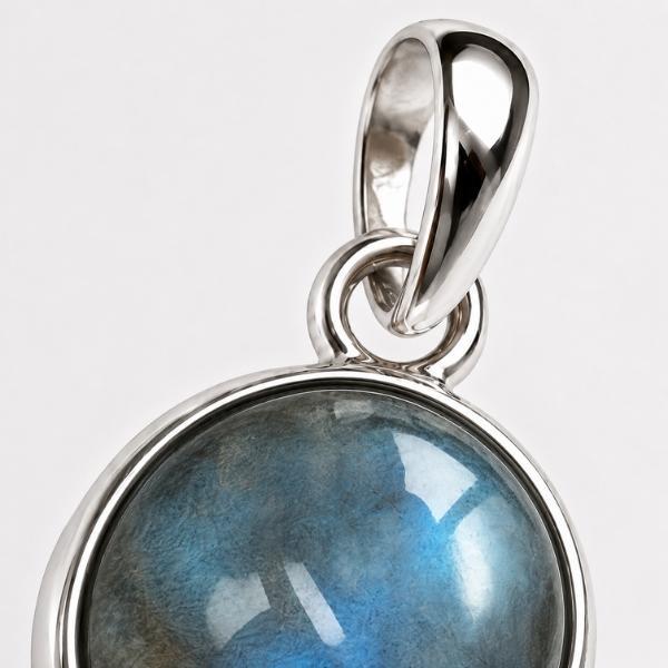 PENDENTE MINIMAL TONDO PIETRA CABOCHON LABRADORITE E ARGENTO 925